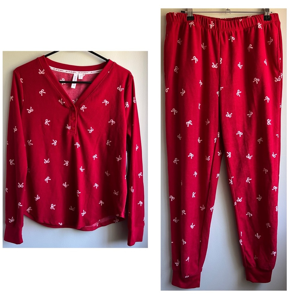NWT Joyspun Charming Red Pajama Set with Bow Design